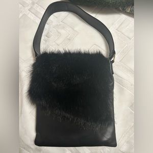 JERRY LEWIS Vintage Classic Luxuries Black Leather Shoulder Bag with Faux Fur